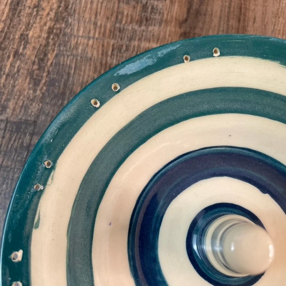 Yes Mam Studio Pottery Apple Baker Teal Navy Striped Tripod Footed Ceramic